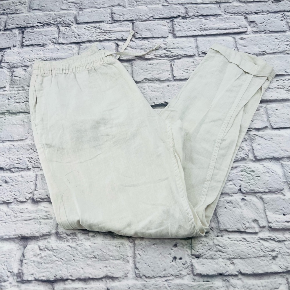 Onia Womans Linen Blend Pants Medium Cream/White Summer Casual Loose Leg